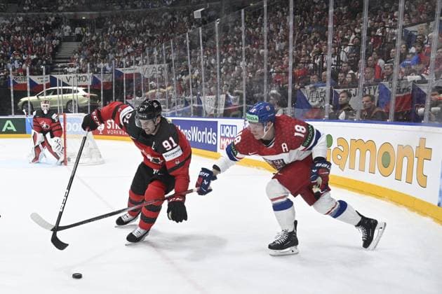 Czech Republic vs Canada group A, match of 2024 IIHF World Championship, WM, Weltmeisterschaft in Prague, Czech Republic, on May 21, 2024. From left Czech Ondrej Palat, John Tavares of Canada, Jordan Binnington of Canada. (CTKxPhoto MichalxKamaryt) CTKPhotoP2024052106936  CTKPhotoP2024052106936