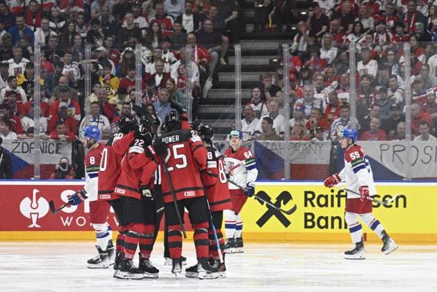 Czech Republic vs Canada group A, match of 2024 IIHF World Championship, WM, Weltmeisterschaft in Prague, Czech Republic, on May 21, 2024. Hockey players of Canada celebrate goal. (CTKxPhoto MichalxKamaryt) CTKPhotoP2024052107020  CTKPhotoP2024052107020