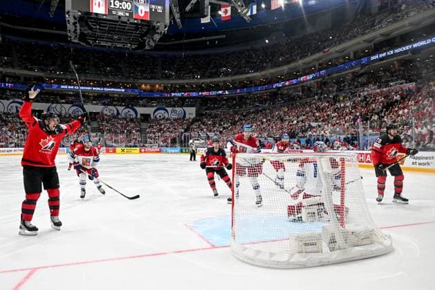 PRAGUE, CZECH REPUBLIC MAY 21 John Tavares of Canada celebrate a goal during the preliminary round match between Canada and Czechia at Prague Arena on May 21, 2024 in Prague, Czech Republic Prague Prague Arena Czech Republic Copyright: xJustPictures.ch AndreaxBrancax jp-en-EuSpIm-AB_21052024_DSC_1201