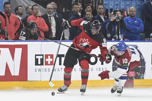 Czech Republic vs Canada group A, match of 2024 IIHF World Championship, WM, Weltmeisterschaft in Prague, Czech Republic, on May 21, 2024. From right Czech Roman Cervenka, Pierre-Luc Dubois of Canada. (CTKxPhoto MichalxKamaryt) CTKPhotoP2024052107414  CTKPhotoP2024052107414