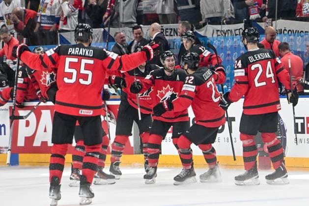 PRAGUE, CZECH REPUBLIC MAY 21 Dylan Cozens of Canada celebrate his game winning goal during the preliminary round match between Canada and Czechia at Prague Arena on May 21, 2024 in Prague, Czech Republic Prague Prague Arena Czech Republic Copyright: xJustPictures.ch AndreaxBrancax jp-en-EuSpIm-AB_21052024_AAB_5000
