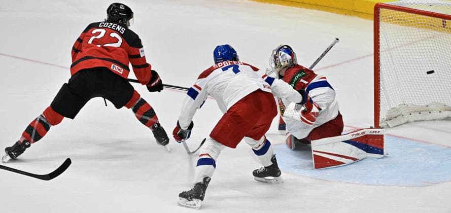 Czech Republic vs Canada group A, match of 2024 IIHF World Championship, WM, Weltmeisterschaft in Prague, Czech Republic, on May 21, 2024. From left Dylan Cozens of Canada scores and Czechs David Spacek, Czech goalie Lukas Dostal. (CTKxPhoto VitxSimanek) CTKPhotoP2024052107804  CTKPhotoP2024052107804