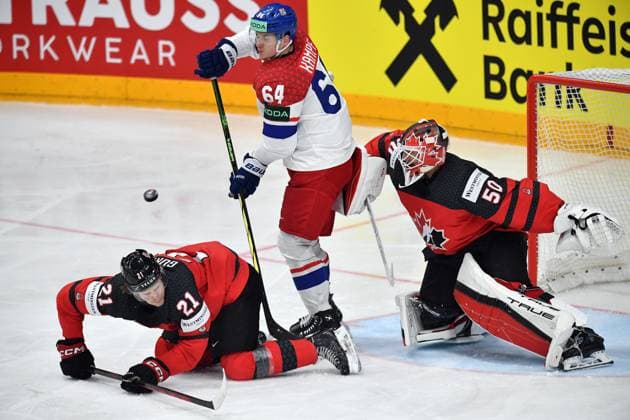 May 21, 2024, Prague, Czech Republic: DAVID KAMPF of Czech Republic (64) in action and KAIDEN GUHLE (21) and goalkeeper JORDAN BINNINGTON of Canada during the 2024 IIHF Ice hockey, Eishockey World Championship, WM, Weltmeisterschaft match between Canada v Czech Republic at the O2 arena in Prague, Czech Republic, May 21, 2024. Prague Czech Republic - ZUMAr156 20240521_aap_r156_025 Copyright: xSlavekxRutax