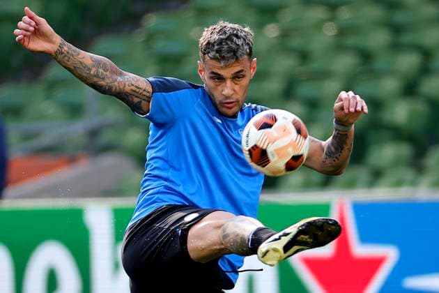 Gianluca Scamacca of Atalanta BC during a training session on the eve of the UEFA 2023 2024 Europa League final football match between Atalanta BC and Bayer Leverkusen at the Dublin Arena stadium in Dublin, Republic of Ireland, on 21 May 2024. cesarexpurini