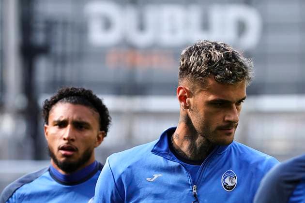 Ederson Jose dos Santos Lourenco da Silva and Gianluca Scamacca of Atalanta BC attend a training session on the eve of the UEFA 2023 2024 Europa League final football match between Atalanta BC and Bayer Leverkusen at the Dublin Arena stadium in Dublin, Republic of Ireland, on 21 May 2024. cesarexpurini