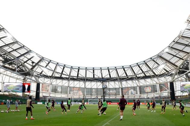 Bayer 04 Leverkusen players during the warm up, Training Session - UEFA Europa League Final 2023 24, Bayer 04 Leverkusen, Dublin Arena, May 21, 2024, Dublin, Ireland.