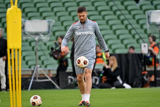 21 05 2024, xjrdrx, Football UEFA Europa League Final 2024, Bayer 04 Leverkusen Press Conference Training emspor, v l Coach Xabi Alonso Bayer Leverkusen DFL DFB REGULATIONS PROHIBIT ANY USE OF PHOTOGRAPHS as IMAGE SEQUENCES and or QUASI VIDEO Dublin