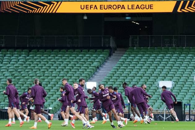Bayer 04 Leverkusen players during the warm up, Training Session - UEFA Europa League Final 2023 24, Bayer 04 Leverkusen, Dublin Arena, May 21, 2024, Dublin, Ireland.
