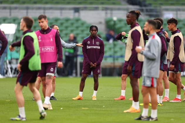 21st May 2024; Dublin, Ireland: Pre-match activities before the UEFA Europa League football final between Atalanta and Bayer Leverkusen on 22nd May: Jeremie Frimpong of Bayer Leverkusen during the practice session  ActionPlus12645634 ShaunxBrooks