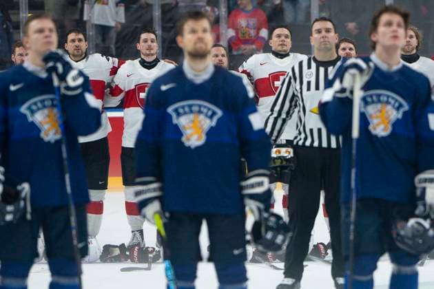PRAGUE, CZECH REPUBLIC MAY 21 Nino Niederreiter of Switzerland, Dean Kukan of Switzerland, Calvin Thurkauf of Switzerland during the Swiss Anthem after the preliminary round match between Canada and Czechia at Prague Arena on May 21, 2024 in Prague, Czech Republic Prague Prague Arena Czech Republic Copyright: xJustPictures.ch JarixPestelaccix jp-en-EuSpIm-JP4_JAR_Finland_Switzerland_21May_2024138