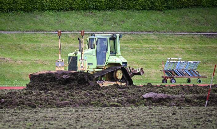 Football International EURO 2024 22 05 2024 The turf in the Hermann Saam Stadium in Freudenstadt will be renewed by the company Sportstaettenbau Garten Moser from Reutlingen around three weeks before the first training session of the Danish national team The old layer of turf will be removed with a bulldozer