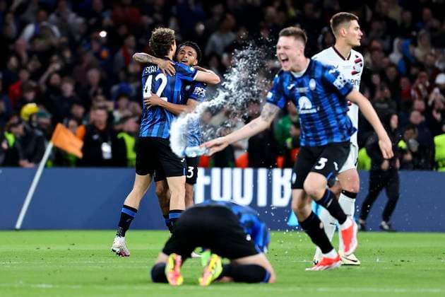 Atalanta players celebrate the victory at the end of the 2023 2024 Europa League Final football match between Atalanta BC and Bayer Leverkusen at Dublin Arena stadium in Dublin (Republic of Ireland), May 22nd, 2024. cesarexpurini