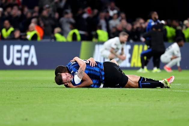 Atalanta players celebrate the victory at the end of the 2023 2024 Europa League Final football match between Atalanta BC and Bayer Leverkusen at Dublin Arena stadium in Dublin (Republic of Ireland), May 22nd, 2024. cesarexpurini