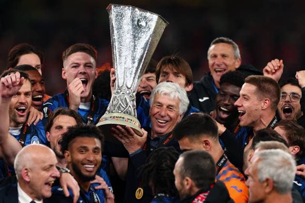 22nd May 2024, Dublin Arena, Dublin, Ireland; Europa League Football Final; Atalanta versus Bayer Leverkusen; Atalanta Manager Gian Piero celebrates with the UEFA Europa League Trophy  ActionPlus12645802 ShaunxBrooks
