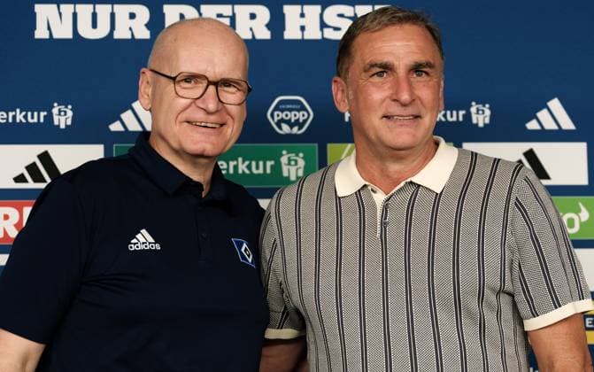 Hamburger SV PK 23 05 2024 with Michael Papenfuss and Stefan Kuntz Presentation Board Member Sport Stefan Kuntz f l Chairman of the Supervisory Board of HSV Fußball AG Michael Papenfuss, Board Member Sport Stefan Kuntz
