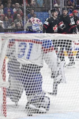 Canada vs Slovakia quarter-final match of the 2024 IIHF World Championship, WM, Weltmeisterschaft in Prague, Czech Republic, on May 23, 2024. Canada s Nick Paul, right, receives congratulations on his goal from Canada s Bowen Byram, left is goalkeeper Samuel Hlavaj (SVK). (CTKxPhoto MichalxKamaryt) CTKPhotoP2024052307077  CTKPhotoP2024052307077