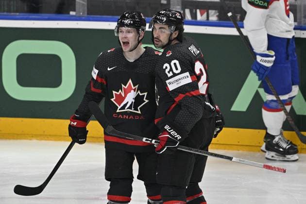 Canada vs Slovakia quarter-final match of the 2024 IIHF World Championship, WM, Weltmeisterschaft in Prague, Czech Republic, on May 23, 2024. L-R Bowen Byram and Nick Paul (both CAN) celebrate a goal. (CTKxPhoto VitxSimanek) CTKPhotoP2024052307109  CTKPhotoP2024052307109