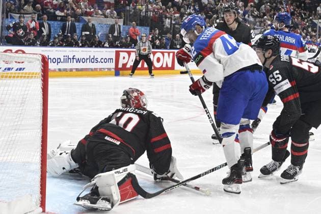 Canada vs Slovakia quarter-final match of the 2024 IIHF World Championship, WM, Weltmeisterschaft in Prague, Czech Republic, on May 23, 2024. L-R goalkeeper Jordan Binnington (CAN), Martin Fehervary (SVK). (CTKxPhoto MichalxKamaryt) CTKPhotoP2024052307584  CTKPhotoP2024052307584