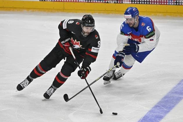 Canada vs Slovakia quarter-final match of the 2024 IIHF World Championship, WM, Weltmeisterschaft in Prague, Czech Republic, on May 23, 2024. L-R Michael Bunting (CAN), Lukas Cingel (SVK). (CTKxPhoto VitxSimanek) CTKPhotoP2024052307678  CTKPhotoP2024052307678