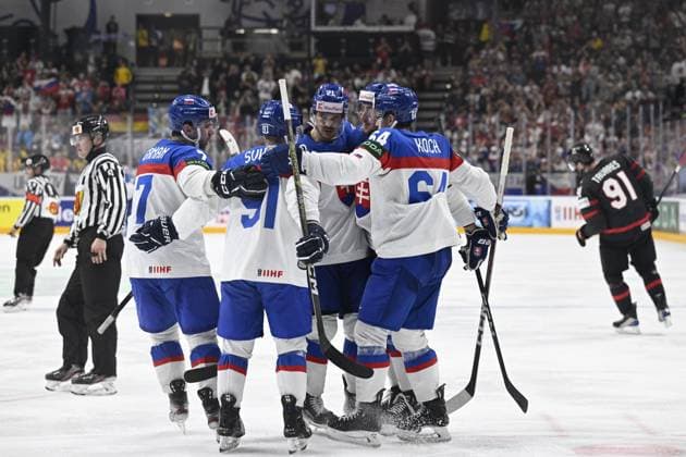 Canada vs Slovakia quarter-final match of the 2024 IIHF World Championship, WM, Weltmeisterschaft in Prague, Czech Republic, on May 23, 2024. Slovakia s players celebrate after scoring their second goal. (CTKxPhoto MichalxKamaryt) CTKPhotoP2024052307774  CTKPhotoP2024052307774