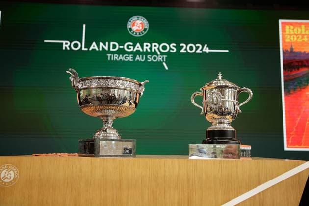 20 05 2024, Tennis, Draw for the French Open 2024 Roland Garros, FRA, Paris, Roland Garros, picture from left, the trophies Copyright: HMBxMedia AntonioxBorga