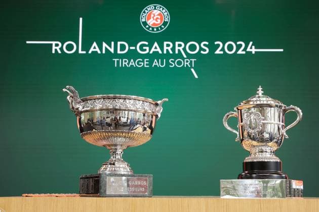 20 05 2024, Tennis, Draw for the French Open 2024 Roland Garros, FRA, Paris, Roland Garros, picture from left, the trophies Copyright: HMBxMedia AntonioxBorga