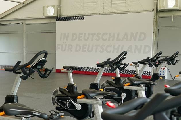 Equipment in the fitness tent with the motto In Germany for Germany at the national teams training facilities at the Golf Resort Spa Weimarer Land, the German national teams preparation camp for EURO 24 in Germany Blankenhain 24 05 2024 Training camp for the German national team in preparation for the European Championships, Golf Resort Weimarer Land