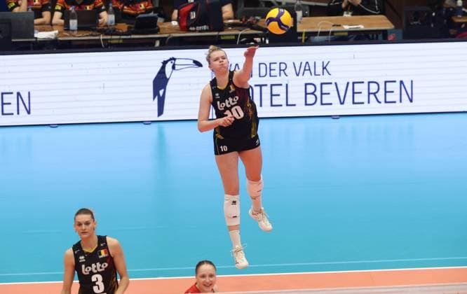 Belgium s Pauline Martin pictured in action during a volleyball match between Belgium s national women s volleyball team, the Yellow Tigers, and the Estonian national women s volleyball team, in match 3 6 of the League Round of the European Golden League women, in Beveren, Friday 24 May 2024. VIRGINIExLEFOUR  x93320633x