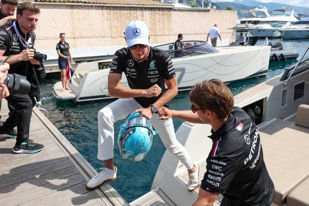 George Russell Mercedes AMG arrives by boat, 3 Free Practice, Monaco Grand Prix, Motorsport, Men, Formula 1, 25 05 2024 Monte Carlo Monaco MCO Copyright: xkolbert-press ChristianxKolbertx