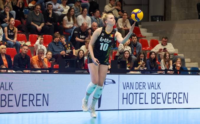 Belgium s Pauline Martin pictured in action during a volleyball match between Belgium s national women s volleyball team, the Yellow Tigers, and the Estonian national women s volleyball team, in match 3 6 of the League Round of the European Golden League women, in Beveren, Friday 24 May 2024. VIRGINIExLEFOUR  x93344692x