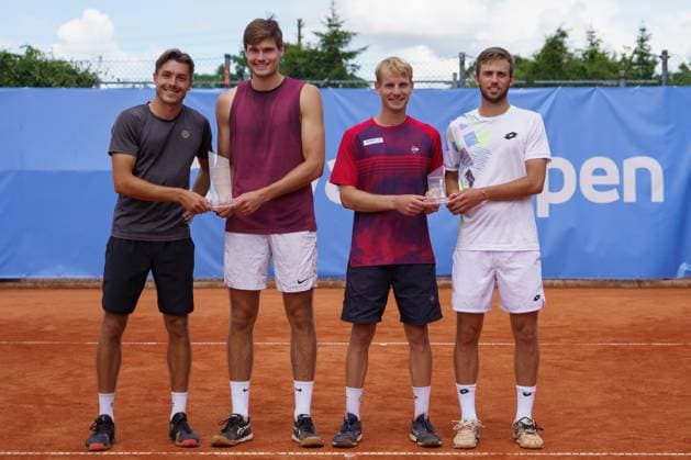Schwaben Open ATP Challenger 2024 Augsburg, 25 05 2024 Jakob Schnaitter GER, Germany , Mark Wallner GER, Germany , David Pichler AUT, Austria and Michael Vrbensky CZE, Czech Republic with the trophies Schwaben Open 2024, ATP Challenger Tour, TC Augsburg facility on 25 05 2024, Augsburg Copyright: xBEAUTIFULxSPORTSx Pajonkx