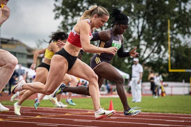 Sport Themen der Woche KW21 Bruehler Mai Meeting , St Gallen, May 25, 2024 Buergi Celine (LV Thun) and Kouni Natacha (LC Zuerich) compete in the 100 m at Bruehler Mai Meeting on May 25, 2024 in St Gallen. *** Bruehler Mai Meeting , St Gallen, May 25, 2024 Buergi Celine LV Thun and Kouni Natacha LC Zuerich compete in the 100 m at Bruehler Mai Meeting on May 25, 2024 in St Gallen Copyright: xBEAUTIFULxSPORTS OlafxRellischx