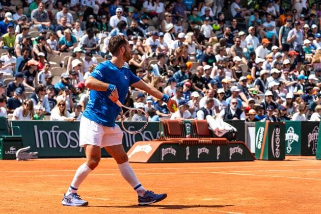 Roland Garros 2024 - Gael Montfils - Constant Lestienne Training Session - Paris Constant Lestienne during a training session of Roland-Garros 2024 against Gael Monfils, ATP, Tennis Herren and WTA, Tennis Damen Grand Slam tennis tournament at Roland-Garros stadium in Paris, France, on May 25, 2024. Photo Alexis Jumeau ABACAPRESS.COM Paris France  Copyright: xJumeauxAlexis ABACAx