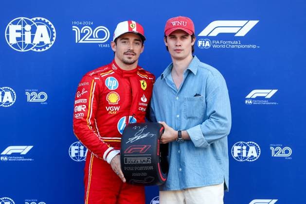 Charles Leclerc (MON) - Scuderia Ferrari - Ferrari SF-24 - Ferrari - Celebrate Pole Position with Pirelli tyre after qualify session - during Formula 1 Grand Prix de Monaco 2024 at Monte Carlo (MC), may 23-26 2024  Copyright: xAlessioxDexMarco IPAxSportx xipax xx IPA_46525656 IPA_Agency_IPA46525656