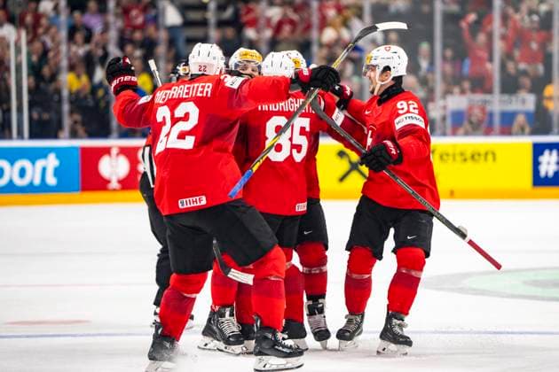 PRAGUE, CZECH REPUBLIC MAY 25 Kevin Fiala of Switzerland celebrated for his goal during the 2024 IIHF Ice Hockey World Championship Czechia Semifinal match between Canada and Switzerland at Prague Arena on May 25, 2024 in Prague, Czech Republic Prague Prague Arena Czech Republic Copyright: xJustPictures.ch JarixPestelaccix jp-en-EuSpIm-JP4_JAR_Canada_Switzerland_25May_2024067