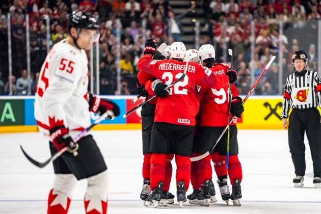 PRAGUE, CZECH REPUBLIC MAY 25 Kevin Fiala of Switzerland celebrated for his goal during the 2024 IIHF Ice Hockey World Championship Czechia Semifinal match between Canada and Switzerland at Prague Arena on May 25, 2024 in Prague, Czech Republic Prague Prague Arena Czech Republic Copyright: xJustPictures.ch JarixPestelaccix jp-en-EuSpIm-JP4_JAR_Canada_Switzerland_25May_2024069
