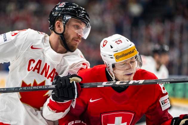 PRAGUE, CZECH REPUBLIC MAY 25 Fabrice Herzog of Switzerland R against Jamie Oleksiak of Canada L during the 2024 IIHF Ice Hockey World Championship Czechia Semifinal match between Canada and Switzerland at Prague Arena on May 25, 2024 in Prague, Czech Republic Prague Prague Arena Czech Republic Copyright: xJustPictures.ch JarixPestelaccix jp-en-EuSpIm-JP4_JAR_Canada_Switzerland_25May_2024053