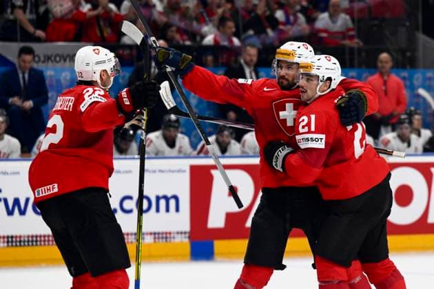 L-R Nino Niederreiter, Roman Josi and Kevin Fiala (all SUI) celebrate a goal during the 2024 IIHF World Championship, WM, Weltmeisterschaft semi-final match Canada vs Switzerland, in Prague, Czech Republic, on May 25, 2024. (CTKxPhoto OndrejxDeml) CTKPhotoP2024052505833  CTKPhotoP2024052505833