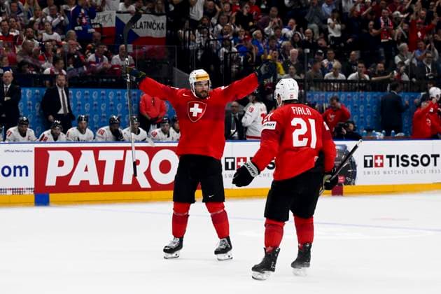 L-R Roman Josi and Kevin Fiala (both SUI) celebrate a goal during the 2024 IIHF World Championship, WM, Weltmeisterschaft semi-final match Canada vs Switzerland, in Prague, Czech Republic, on May 25, 2024. (CTKxPhoto OndrejxDeml) CTKPhotoP2024052505834  CTKPhotoP2024052505834
