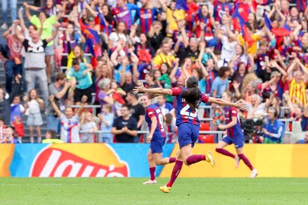 the FC Barcelona, Barca players celebrate after the 1-0 goal by Aitana Bonmati (FC Barcelona), UEFA Women s Champions League 2023 2024 - Final, FC Barcelona vs Olympique Lyonnais, Estadio de San Mames, May 25, 2024, Bilbao, Spain.