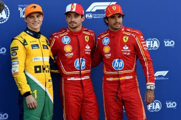 25 05 2024, xrarjax, Motorsport FIA Formula 1, Grand Prix of Monaco 2024 emspor, v l Qualifying Qualifying the first three on the grid 2nd place Oscar Piastri McLaren starting number 81 Pole position Pole position 1st place Charles Leclerc Ferrari starting number 16 3rd place Carlos Sainz Ferrari starting number 55 Monte Carlo