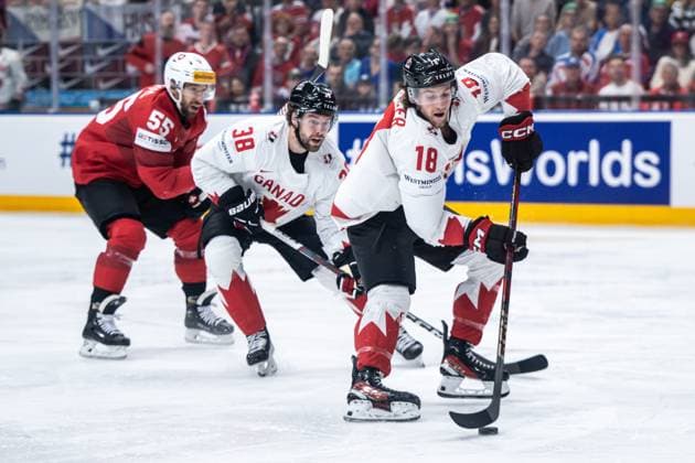 240525 Dawson Mercer of Canada during the 2024 IIHF Ice Hockey World Championship semifinal game between Canada and Switzerland on May 25, 2024 in Prague Photo Maxim ThorÃ BILDBYRAN kod MT MT0602 ishockey ice hockey ishockey vm canada switzerland 2024 iihf ice hockey world championship bbeng schweiz kanada semifinal  Copyright: MAXIMxTHORE BB240525MT203