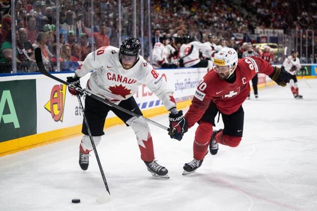 240525 Pierre Luc Dubois of Canada and Roman Josi of Switzerland during the 2024 IIHF Ice Hockey World Championship semifinal game between Canada and Switzerland on May 25, 2024 in Prague Photo Maxim ThorÃ BILDBYRAN kod MT MT0602 ishockey ice hockey ishockey vm canada switzerland 2024 iihf ice hockey world championship bbeng schweiz kanada semifinal  Copyright: MAXIMxTHORE BB240525MT208