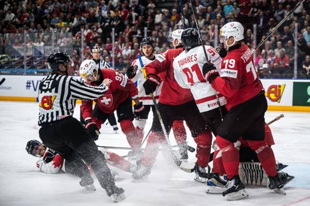 240525 Pierre Luc Dubois and John Tavares against Jonas Siegenthaler and Calvin Thurkauf of Switzerland during the 2024 IIHF Ice Hockey World Championship semifinal game between Canada and Switzerland on May 25, 2024 in Prague Photo Maxim ThorÃ BILDBYRAN kod MT MT0602 ishockey ice hockey ishockey vm canada switzerland 2024 iihf ice hockey world championship bbeng schweiz kanada semifinal  Copyright: MAXIMxTHORE BB240525MT214