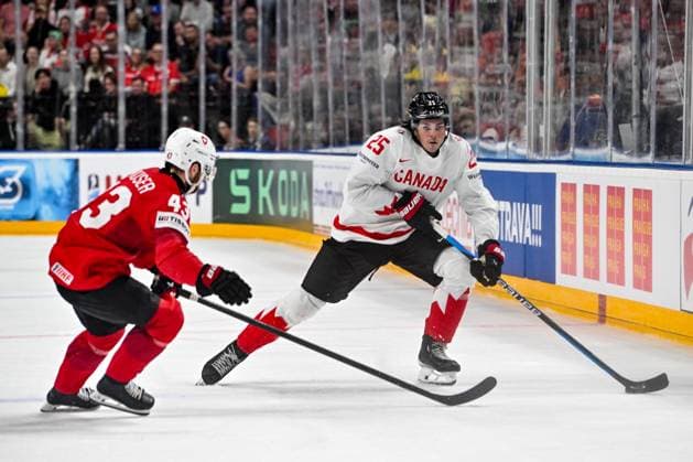 PRAGUE, CZECH REPUBLIC MAY 25 Owen Power of Canada in action against Andrea Glauser of Switzerland during the 2024 IIHF Ice Hockey World Championship Czechia Semifinal match between Canada and Switzerland at Prague Arena on May 25, 2024 in Prague, Czech Republic Prague Prague Arena Czech Republic Copyright: xJustPictures.ch AndreaxBrancax jp-en-EuSpIm-AB_25052024_AAB_5123