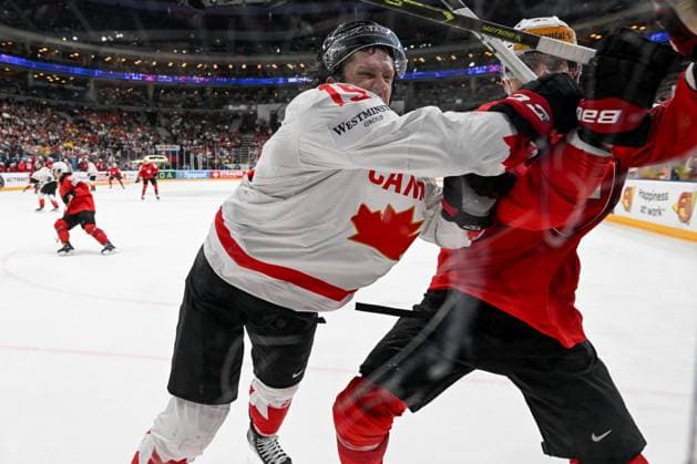 PRAGUE, CZECH REPUBLIC MAY 25 Jared McCann of Canada checks Jonas Siegenthaler of Switzerland during the 2024 IIHF Ice Hockey World Championship Czechia Semifinal match between Canada and Switzerland at Prague Arena on May 25, 2024 in Prague, Czech Republic Prague Prague Arena Czech Republic Copyright: xJustPictures.ch AndreaxBrancax jp-en-EuSpIm-AB_25052024_DSC_6567