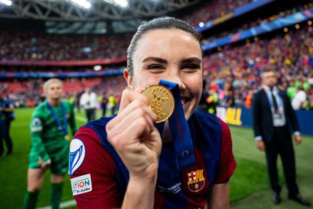 240525 Ingrid Syrstad Engen of Barcelona celebrates after the UEFA Women s Champions League final between Barcelona and Lyon on May 25, 2024 in Bilbao Photo Ludvig Thunman BILDBYRAN kod LT LT0620 fotboll football soccer fotball champions league barcelona lyon dam bbeng final champions league final final 2024 jubel  Copyright: LUDVIGxTHUNMAN BB240525LT122
