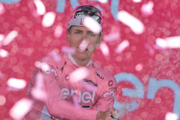 25th May 2024, Bassano del Grappa, Italy; UCI Tour of Italy Giro d Italia Road cycling, Rad, Radsport, Strasse Race, Stage 20 Alpago to Bassano del Grappa; Tadej Pogacar (SLO) UAE Team Emirates keeps his pink jersey of leader ahead of final stage in Rome.  ActionPlus12647494 PierrexTeyssot