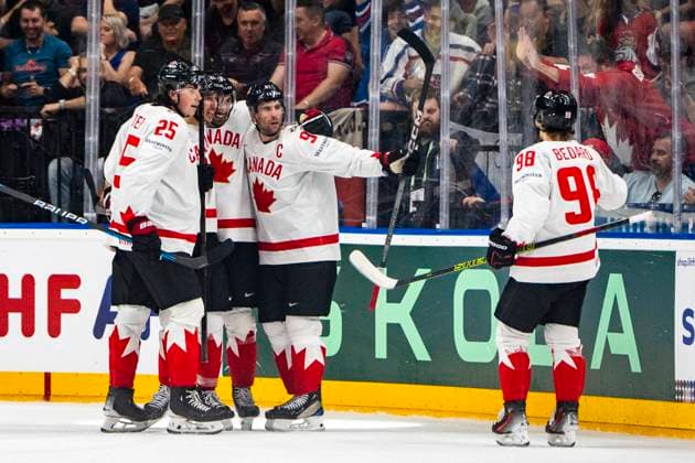 PRAGUE, CZECH REPUBLIC MAY 25 John Tavares of Canada 2nd from R celebrated for his goal during the 2024 IIHF Ice Hockey World Championship Czechia Semifinal match between Canada and Switzerland at Prague Arena on May 25, 2024 in Prague, Czech Republic Prague Prague Arena Czech Republic Copyright: xJustPictures.ch JarixPestelaccix jp-en-EuSpIm-JP4_JAR_Canada_Switzerland_25May_2024260