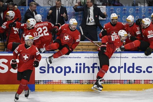 Swiss players celebrate progress to the final match after the victory during the 2024 IIHF World Championship, WM, Weltmeisterschaft semi-final match Canada vs Switzerland, in Prague, Czech Republic, on May 25, 2024. (CTKxPhoto MichalxKamaryt) CTKPhotoP2024052507013  CTKPhotoP2024052507013